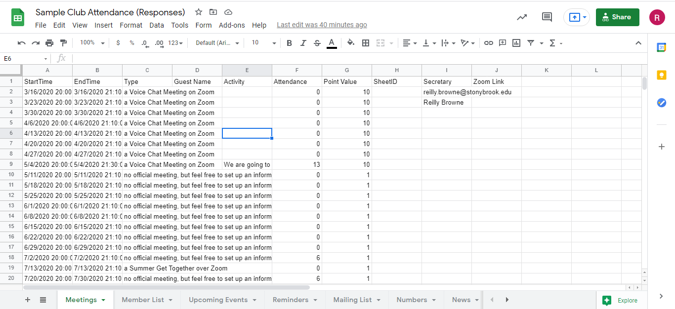 Google Sheet used in Task Manager system